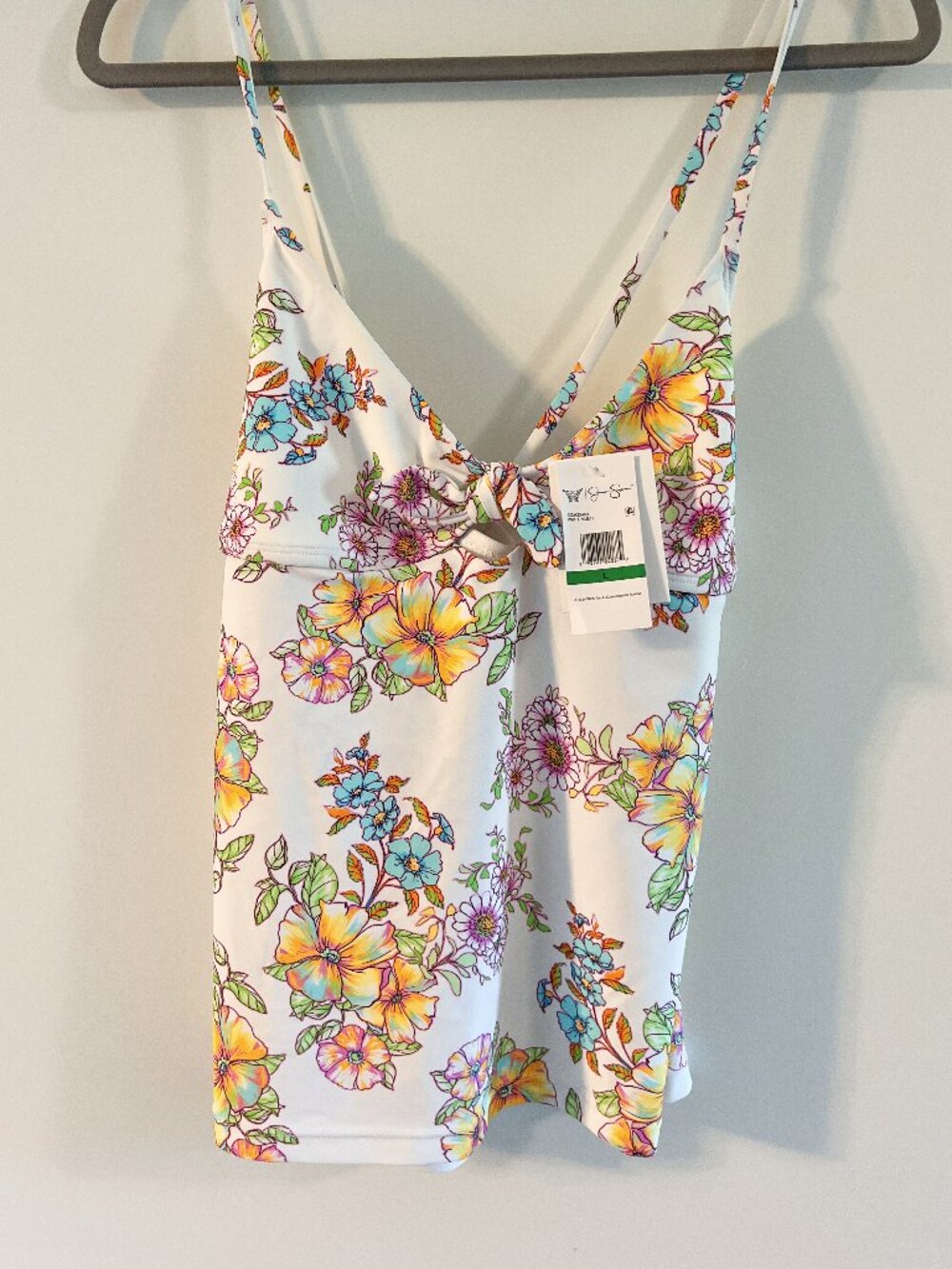 Jessica Simpson Tankini Top L NWT White Floral Boho Halter Tie Swim Top